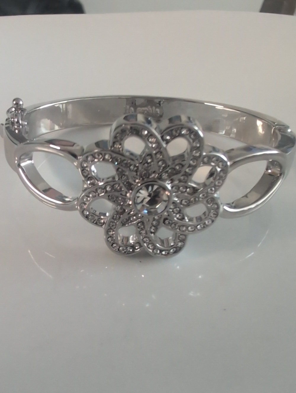 Lia Sophia Silver Tone Crystal Flower Hinged Bangle Bracelet